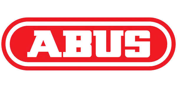 Logo ABUS rouge et blanc, composé de lettres majuscules blanches en gras, à l'intérieur d'un cadre rectangulaire arrondi de couleur rouge.