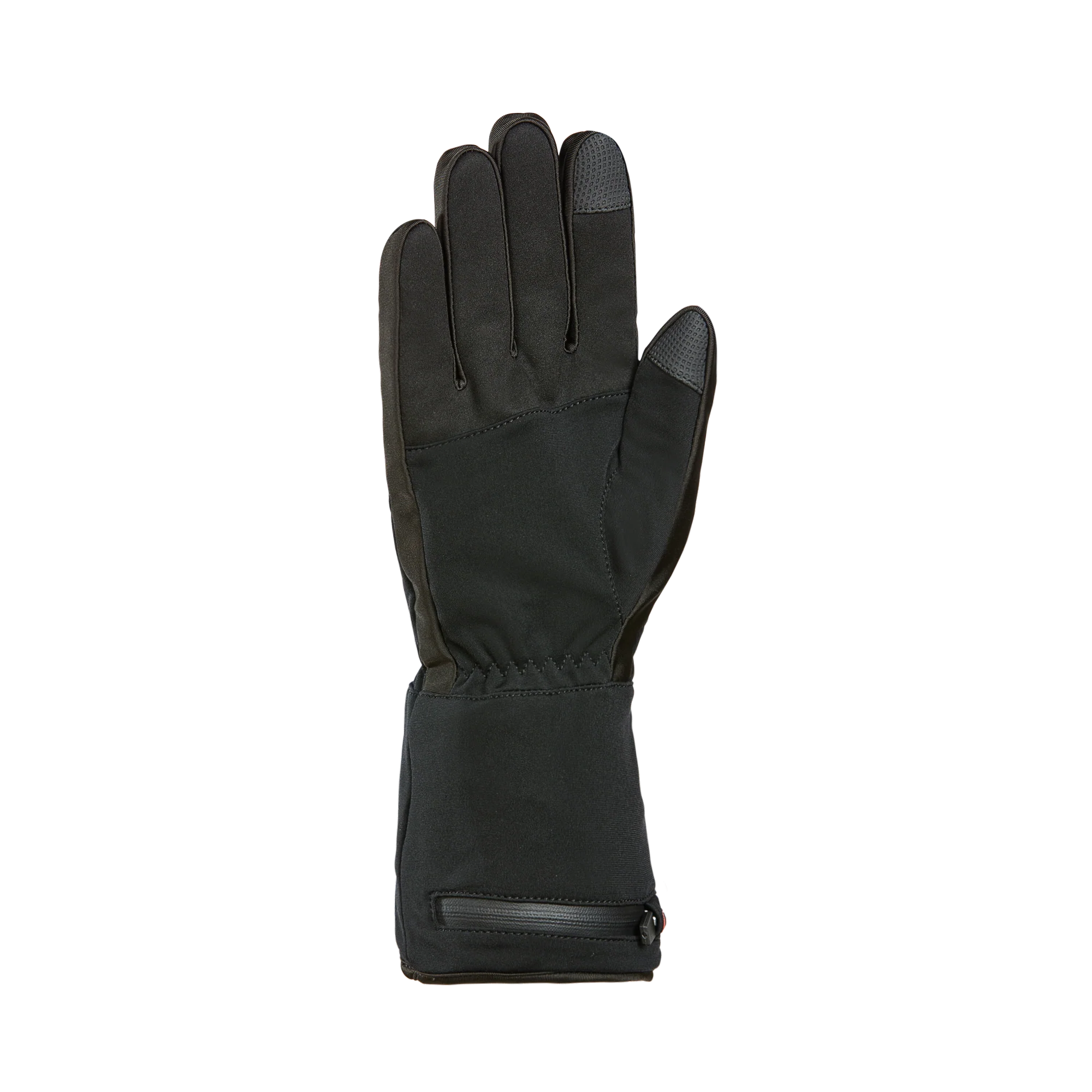 Un gant d'hiver noir avec une poche zippée au niveau du poignet, doté de bouts de doigts compatibles avec les écrans tactiles. Le gant est présenté avec la paume tournée vers l'avant.