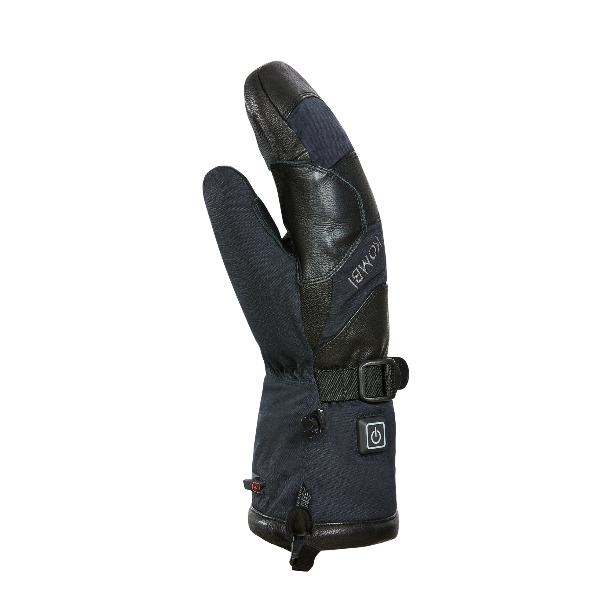 Un gant d'hiver noir et gris foncé positionné à la verticale, mettant en valeur son design. Il est doté d'un bouton sur la manchette et d'une sangle réglable autour du poignet. La surface semble être un mélange de matériaux en tissu et en cuir.