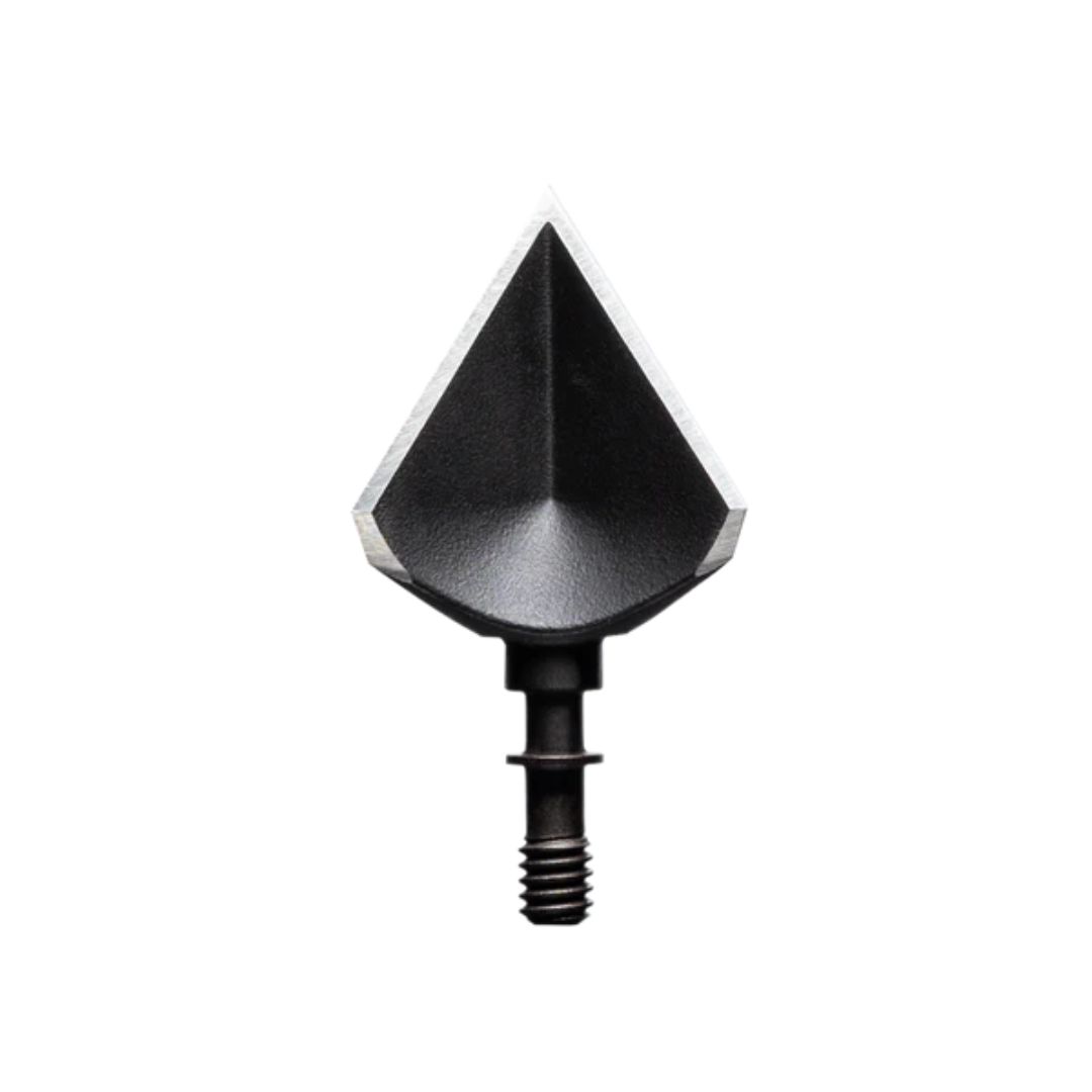 La POINTE DE CHASSE ANNIHILATOR DOUBLE BEVEL 100 est une pointe de flèche triangulaire noire aux arêtes vives et à la base filetée, isolée sur fond blanc.