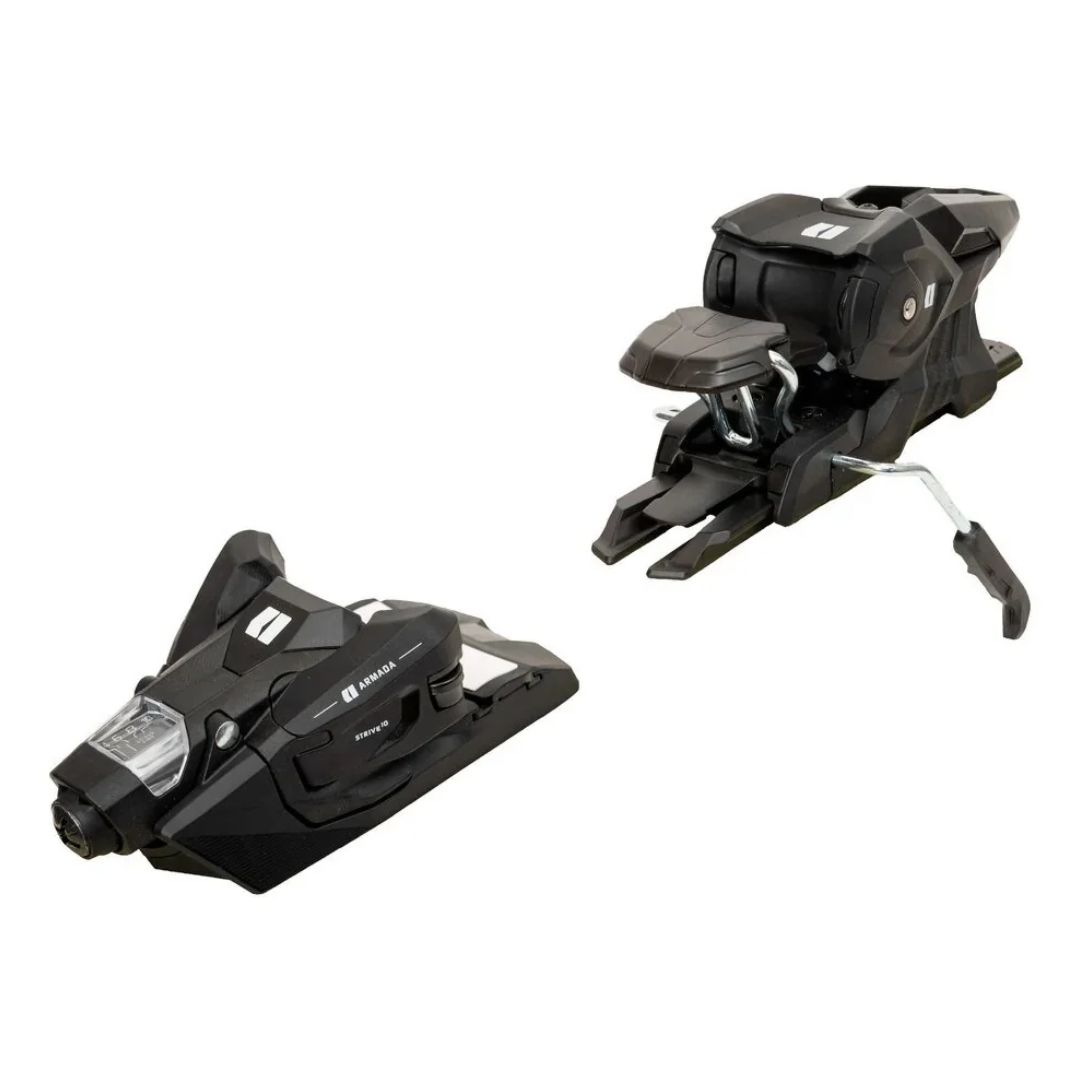 Paire de fixations de ski alpin Armada N Strive 10 GW noires, présentées avec la butée avant et la talonnière arrière séparées.