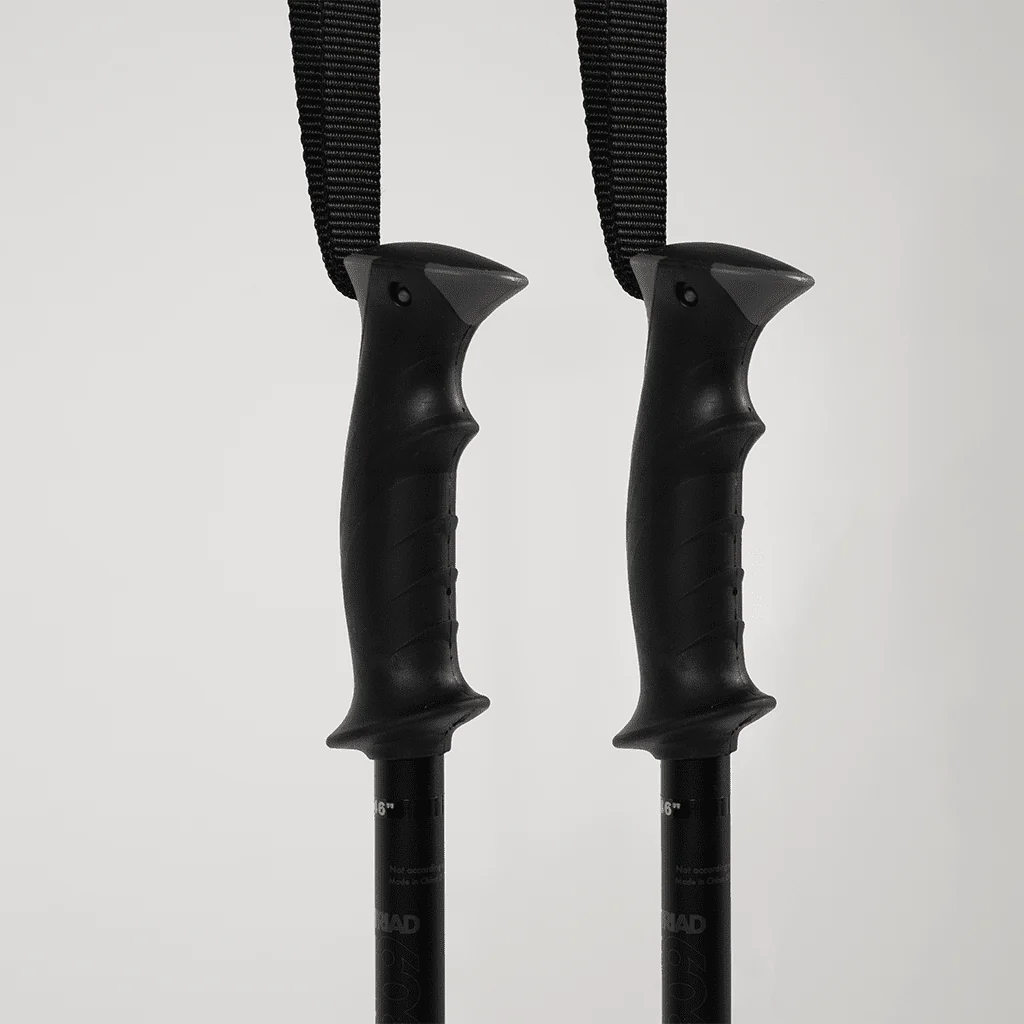 Deux bâtons de randonnée noirs avec poignées ergonomiques et dragonnes réglables sur fond uni.