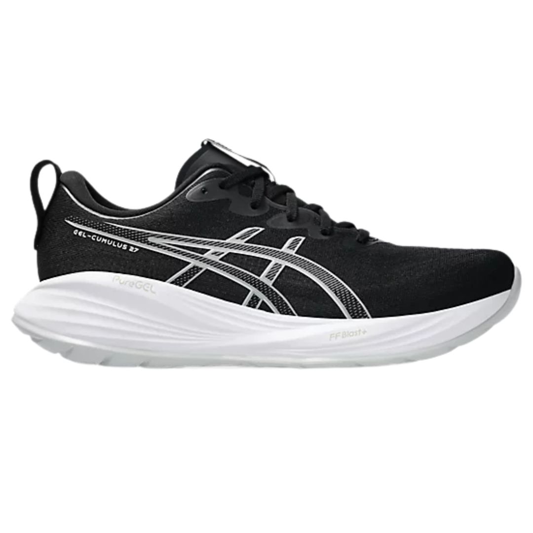 Chaussure de course noire aux accents blancs et argentés, dotée d'une épaisse semelle blanche et du logo ASICS sur le côté. Le nom du modèle "GEL-CUMULUS 25" apparaît près du talon.