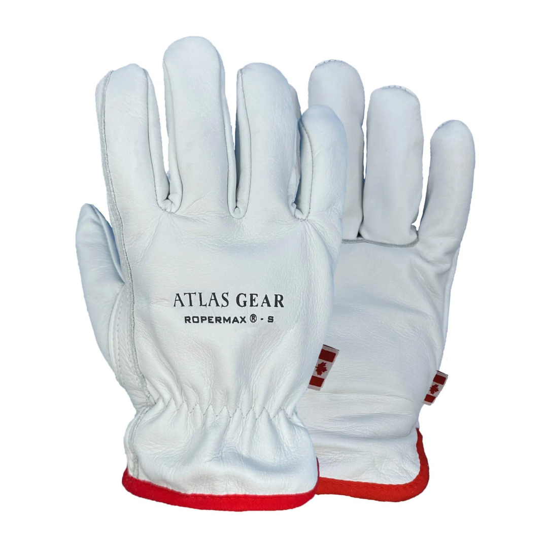 Une paire de gants en cuir ROPERMAX GANT CORDEUR CUIR blanc avec des poignets bordés de rouge ; un des gants porte la mention "ATLAS GEAR ROPERMAX® - S" sur le dos. Les deux gants sont présentés paume et dos vers le haut.