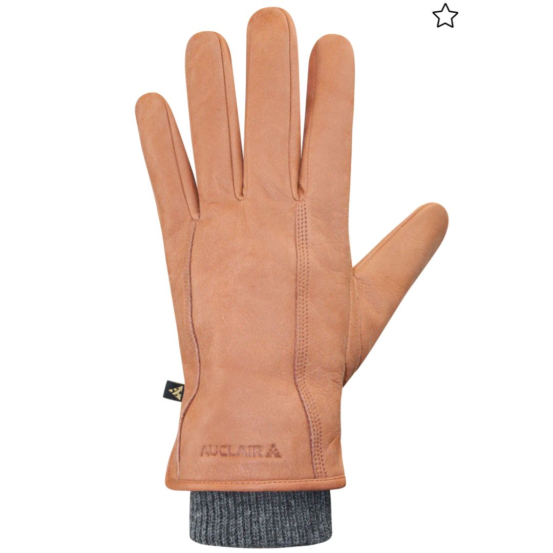 Gant simple en cuir marron avec des coutures visibles et une manchette grise en tricot. Le gant est représenté avec la paume tournée vers le bas et les doigts étendus. Le nom de la marque "AUCLAIR" est imprimé en relief près du poignet.