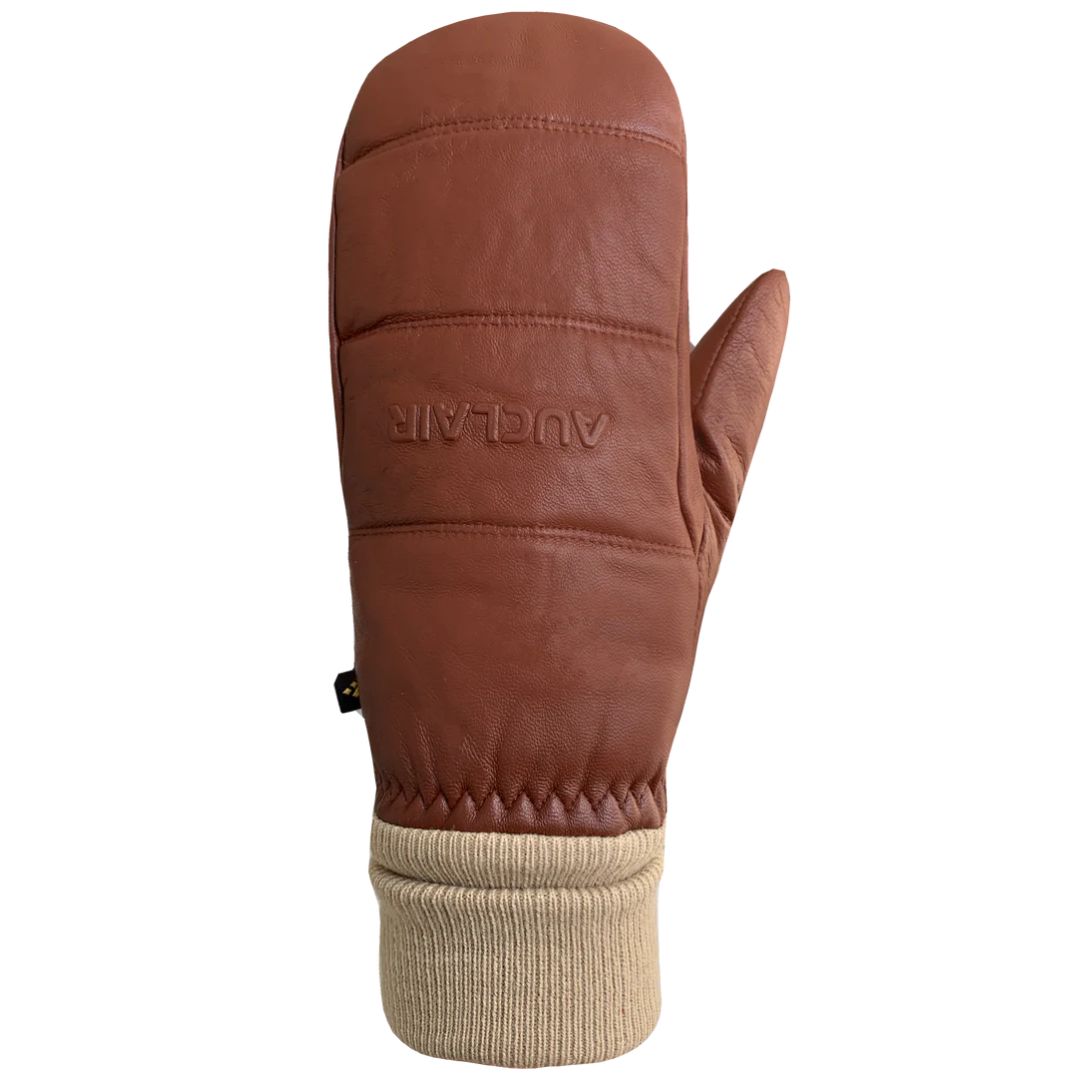 Moufle en cuir marron avec coutures apparentes, poignet en tricot côtelé beige et le mot "AUGLAR" embossé au dos. La mitaine est présentée avec le pouce pointant vers la droite.