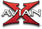 Logo avec le mot "AVIAN" en lettres blanches grasses sur un grand "X" rouge texturé avec des ombres noires sur un fond clair.