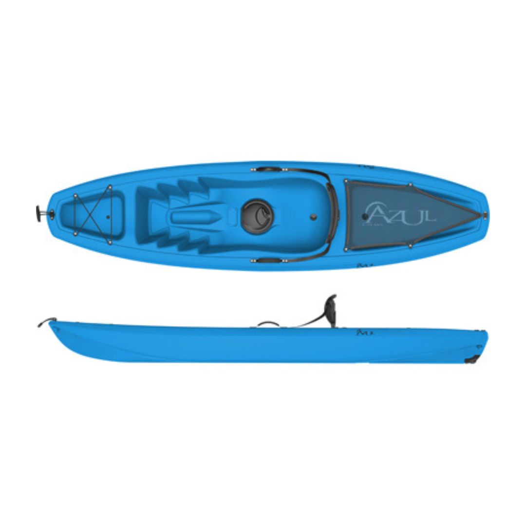Vues de dessus et de profil du KAYAK AZUL JUNIOR BASIC POUR ENFANT, un kayak pour enfants de type « sit-on-top » d'un bleu vif, doté d'un siège moulé, de repose-pieds, de cordes élastiques noires à l'avant et du logo « Azul » sur le pont.