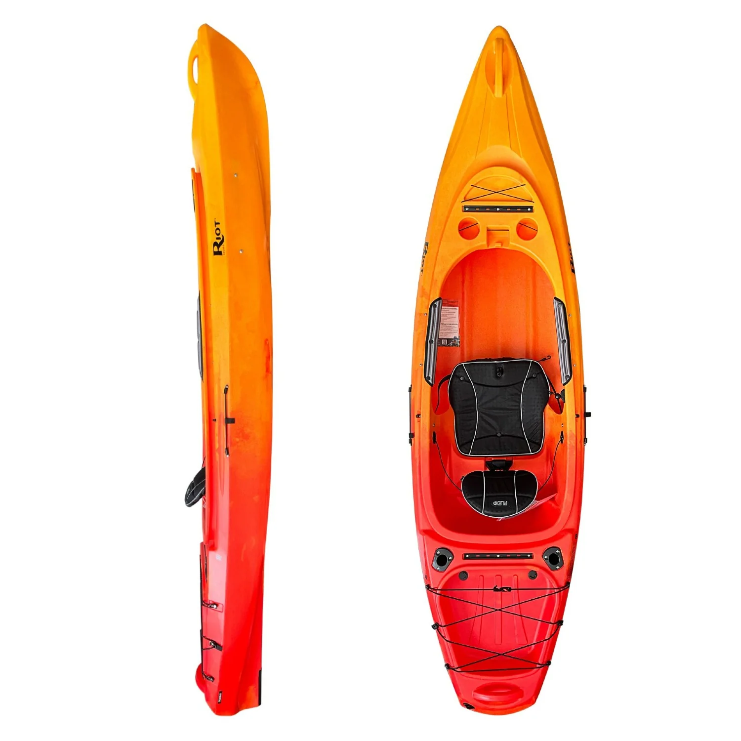 Le BAYSIDE 10 est un kayak de loisir dans un dégradé d'orange et de rouge vibrant, montré de côté et de dessus. Il est équipé d'un siège rembourré, de repose-pieds et d'élastiques sur les ponts avant et arrière.