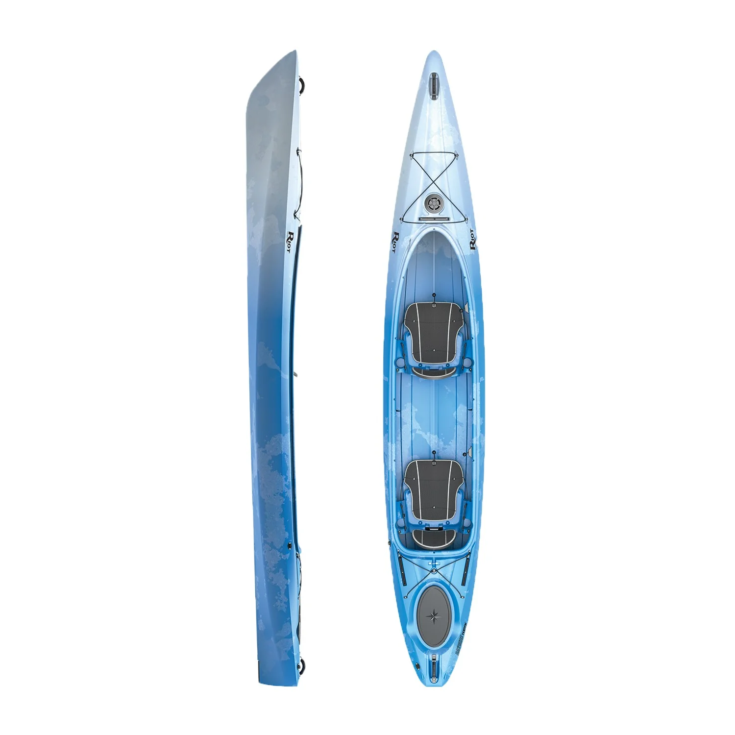 Vues de dessus et de profil du BAYSIDE 15 TANDEM, un kayak tandem « sit-on-top » bleu équipé de deux sièges noirs, de repose-pieds, de compartiments de rangement et de cordes élastiques, représenté sur un fond blanc.