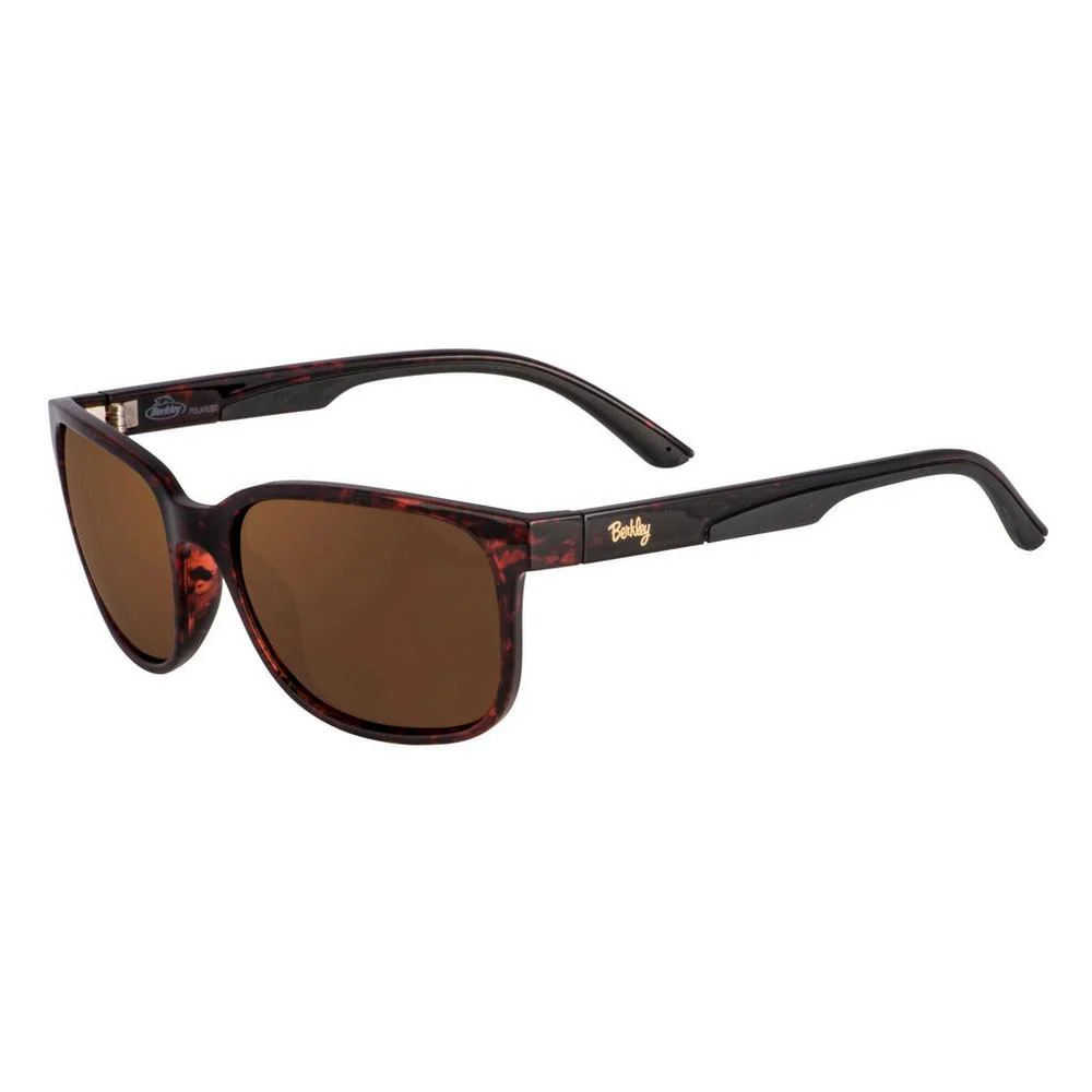Une paire de lunettes de soleil avec une monture en écaille foncée et des verres bruns. Les branches sont incurvées et un petit logo doré "Bailey" est apposé sur le côté de la monture.