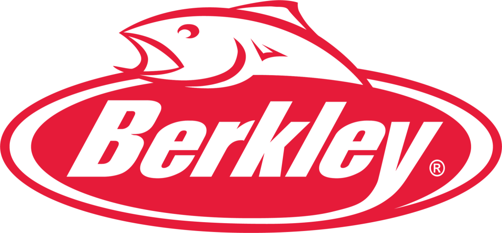 Logo Berkley de forme ovale rouge avec un contour de poisson stylisé au-dessus du mot "Berkley" en caractères gras et italiques.