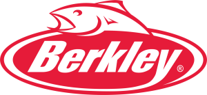 Logo Berkley de forme ovale rouge avec un contour de poisson stylisé au-dessus du mot "Berkley" en caractères gras et italiques.