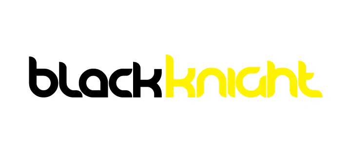 Logo texte avec le mot "black" en lettres minuscules noires grasses et "knight" en lettres minuscules jaunes grasses, tous deux dans une police moderne et arrondie sur fond blanc.