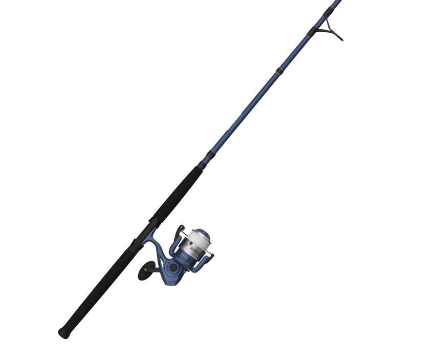 Une canne à pêche au lancer « BLUE RUNNER 50 7' 2PC HEAVY 20-40 » de couleur bleue et noire, présentée avec un moulinet à lancer fixé dessus, sur un fond blanc uni.