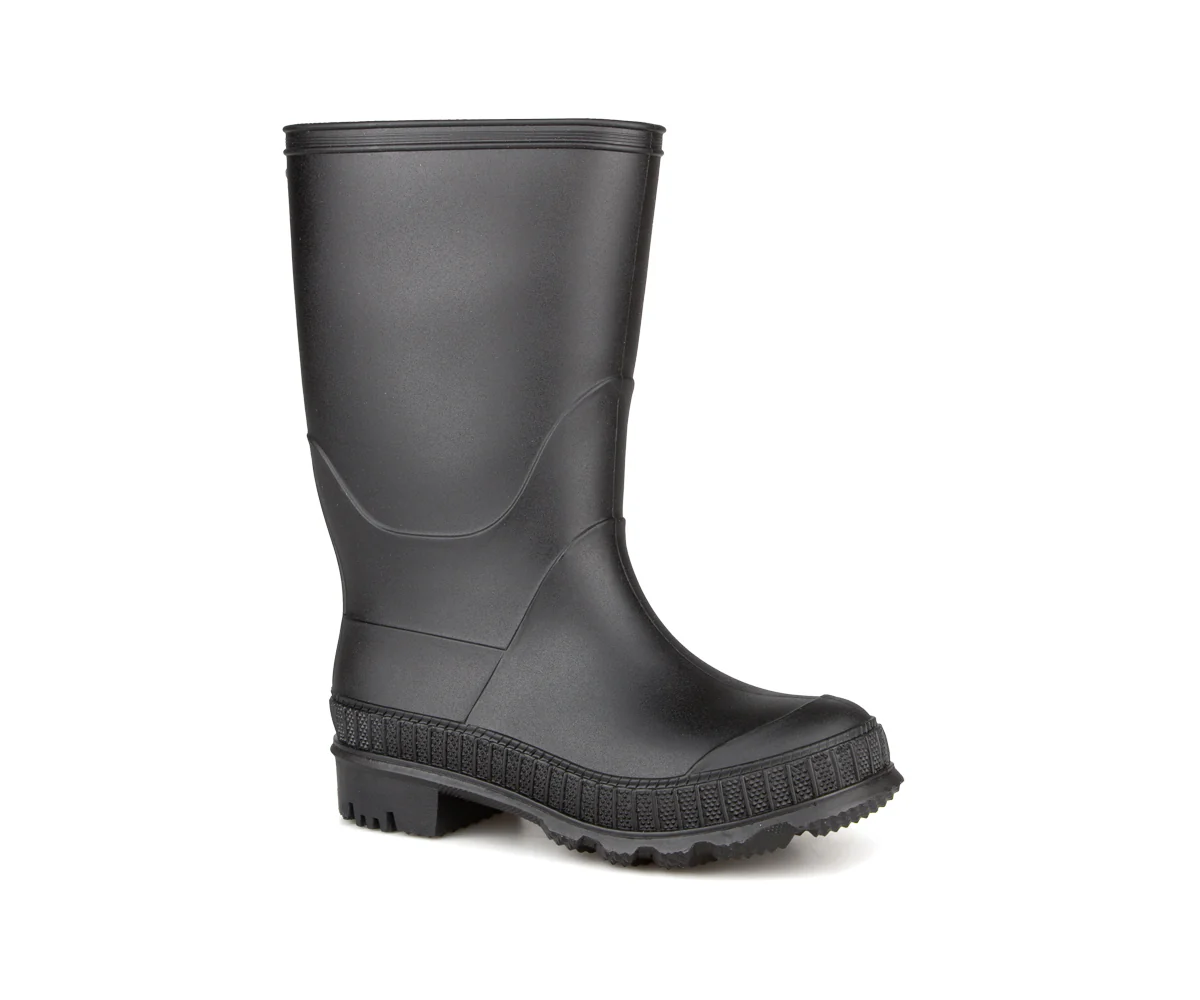 La BOTTE DE PLUIE BLUE ROCKY est une botte de pluie unique en caoutchouc noir avec une semelle texturée et une hauteur mi-mollet, présentée sur un fond blanc uni.