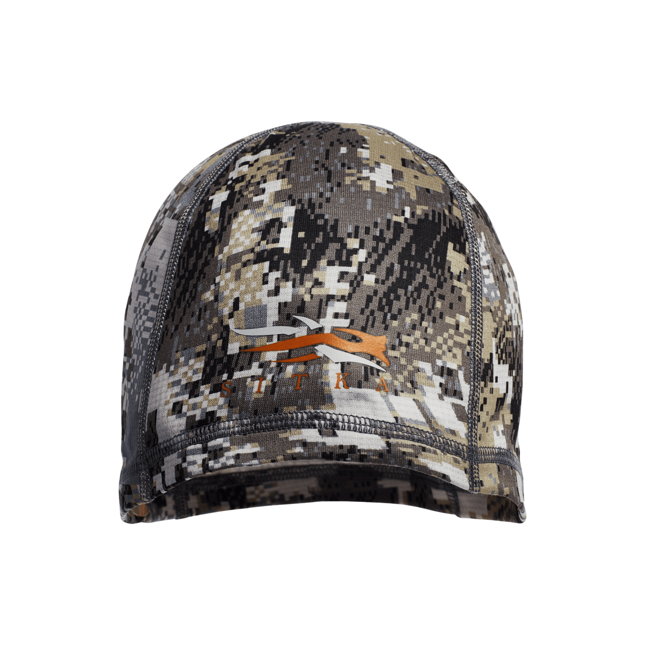 Bonnet SITKA Traverse. Forme ronde et symétrique. Logo SITKA sur le devant. Coutures en diagonales à l'arrière. Camouflage Elevated gris et brun.