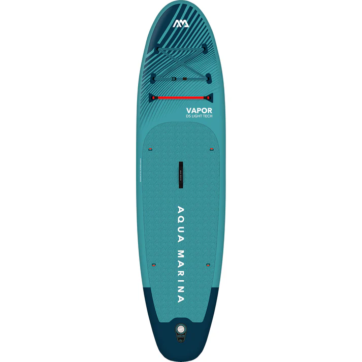 Vue de dessus de la planche de paddle gonflable VAPOR 10'4" Aqua Marina en bleu et sarcelle, avec la mention "VAPOR" en haut, un rembourrage de pont, une poignée de transport et des points d'attache visibles.