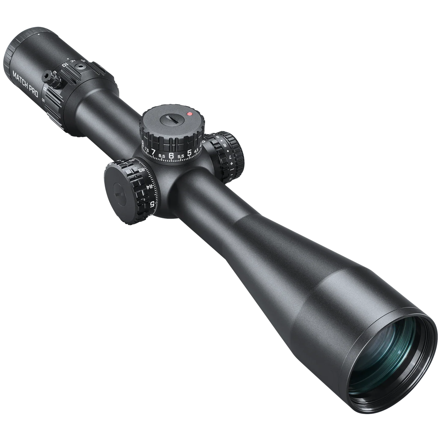 Une lunette de visée noire 5-30X56 MATCH PRO ED ILLUM. FFP MRAD G5 noire avec des molettes de réglage et un grand objectif est présentée de biais sur un fond blanc, avec l'inscription "MATCH PRO" près de l'oculaire.