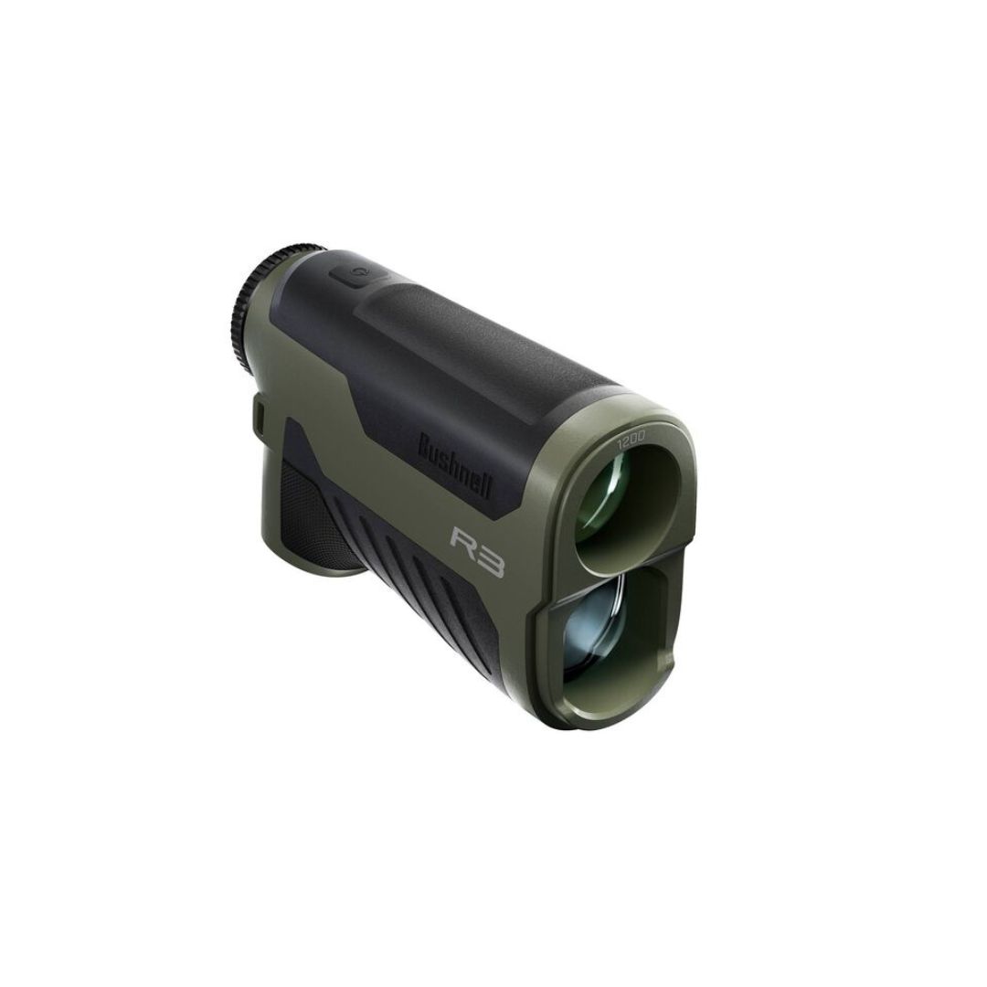 Télémètre Bushnell R3 avec un corps noir et vert olive, doté de deux objectifs et d'une poignée ergonomique, isolé sur un fond blanc.