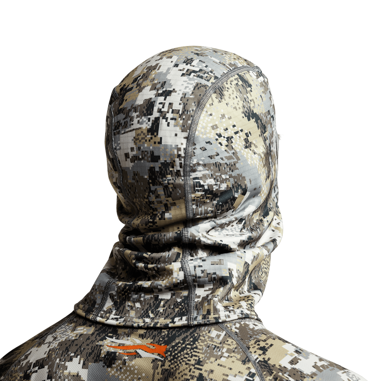 L'image montre une cagoule SITKA Core Heavyweight en couleur camouflage Elevated gris et brun.