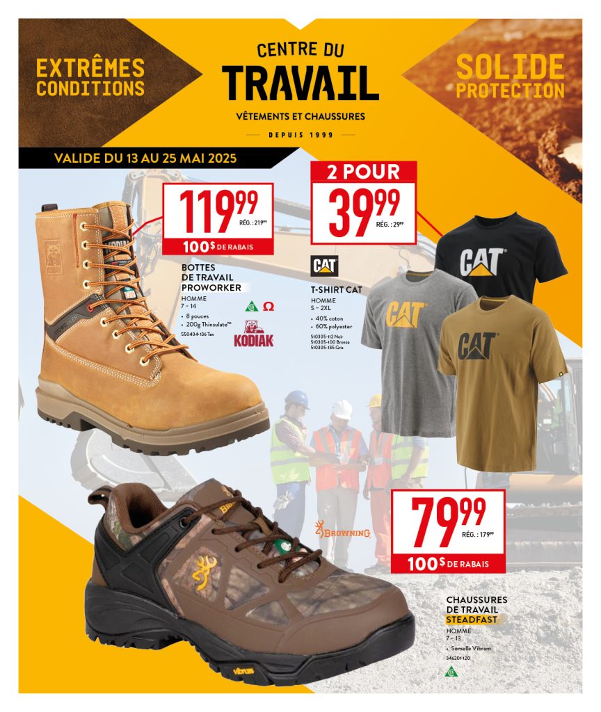 Dépliant promotionnel pour vêtements de travail, présentant des bottes de travail marron, des chaussures de travail noires et des t-shirts CAT gris, noirs et jaunes. Les prix et les réductions sont affichés sur un fond de construction. Texte en français.