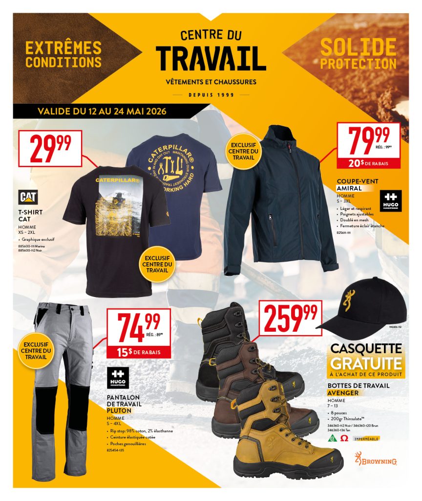 Dépliant promotionnel du Centre du Travail présentant des vêtements et des chaussures de travail. Inclut des prix, des réductions et des images de vestes, de pantalons, de bottes et d'un t-shirt, ainsi que des offres valables du 12 au 24 mai 2026. Couleurs orange vif et jaune.