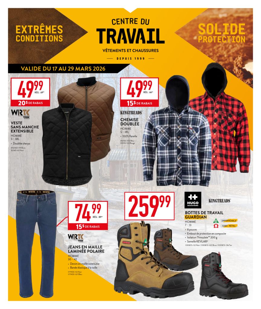 Dépliant promotionnel pour le Centre du Travail présentant des vestes, une chemise, des jeans et des bottes de travail à prix réduits. Le texte met en évidence les économies réalisées, les dates de vente et les offres spéciales pour les vêtements et les chaussures de travail.
