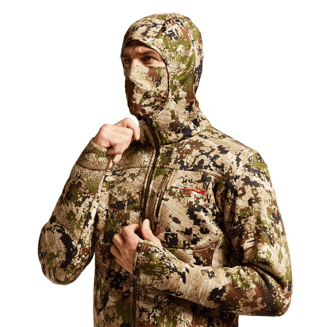 Un chandail à capuchon de chasse léger et respirant dans des tons de marron et de vert, doté d'une capuche, d'une doublure intérieure en molleton épais et de trous pour les pouces.
