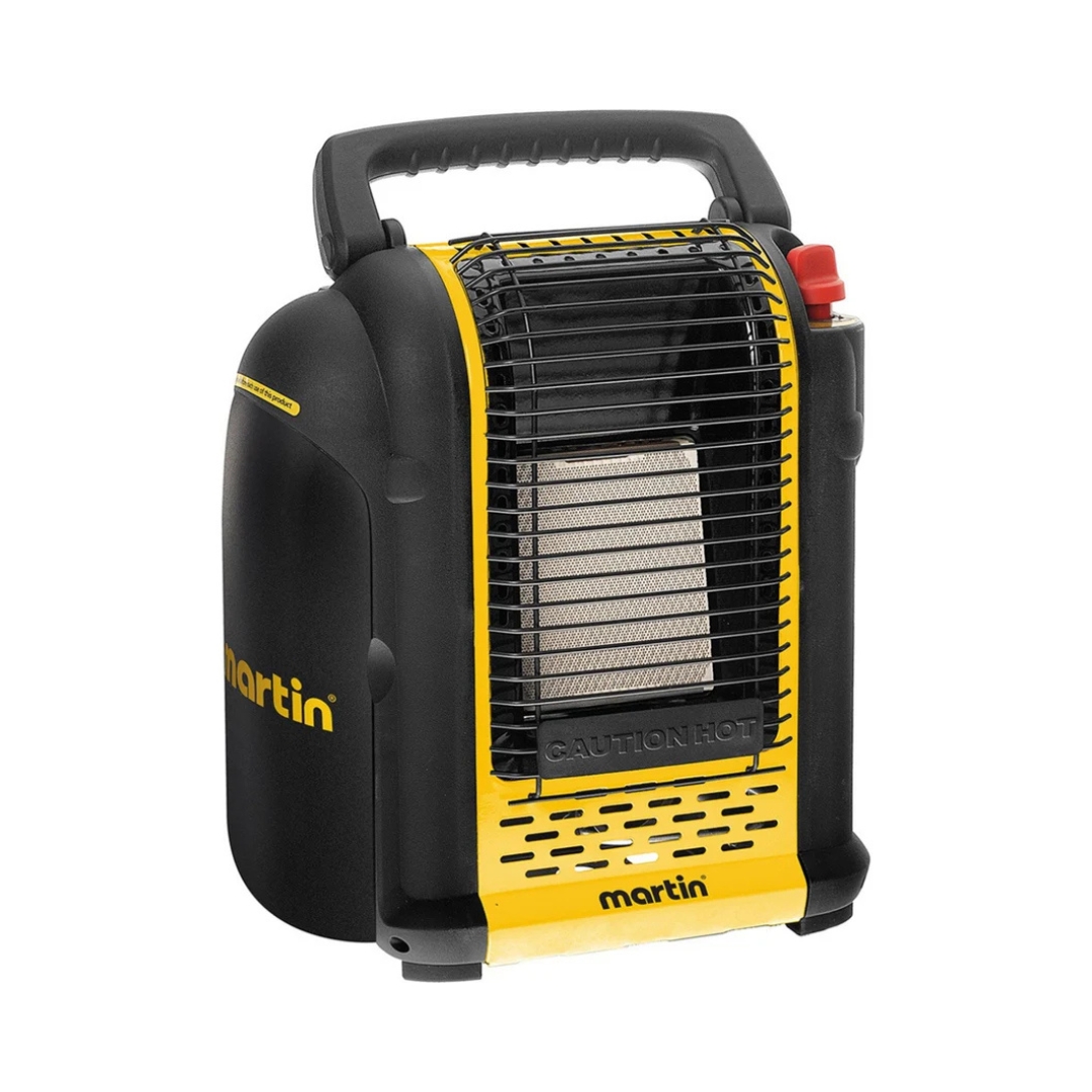 Un radiateur à gaz portable noir et jaune avec une poignée sur le dessus. Il est doté d'une grille métallique sur le devant recouvrant la source de chaleur et d'un bouton rouge sur le côté supérieur. Le mot « attention » est visible sur le devant près du bas.