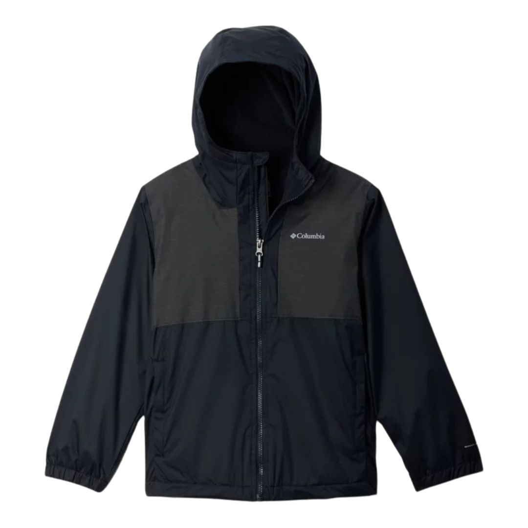 Veste à capuche noire et gris foncé, entièrement zippée sur le devant. Manches longues et logo de la marque sur la poitrine. Design simple et moderne.