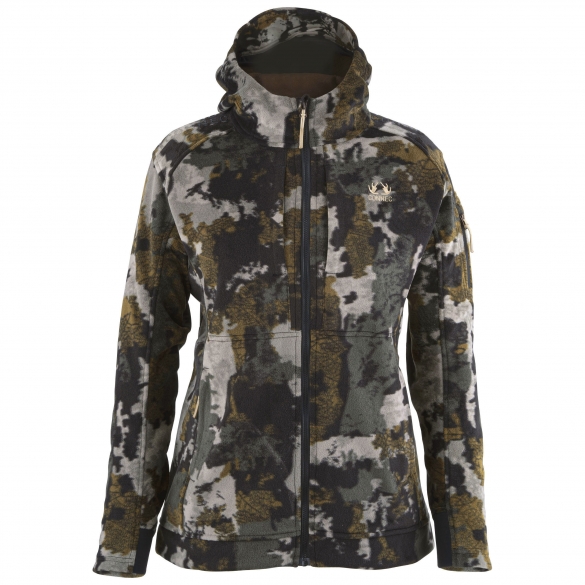 Veste zippée à capuche à motif camouflage, avec des nuances de vert, marron, noir et blanc. La veste a des manches longues, des poches avant et un petit logo sur la poitrine gauche.