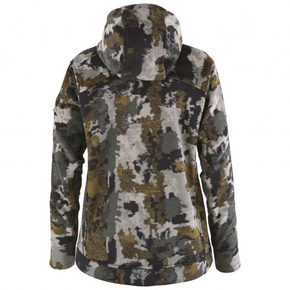 Vue arrière d'une veste à capuche camouflage avec un mélange de couleurs vert forêt, noir, marron et gris. La veste a des manches longues et un motif conçu pour se fondre dans les environnements extérieurs naturels.