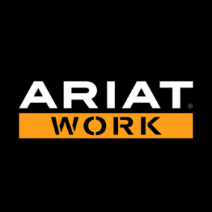L'image montre le logo ARIAT WORK. Le mot "ARIAT" apparaît en caractères gras blancs au-dessus du mot "WORK", qui apparaît en caractères noirs sur un rectangle orange avec un "O" stylisé ressemblant à un engrenage, le tout sur un fond noir.