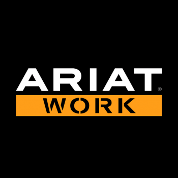 L'image montre le logo ARIAT WORK. Le mot "ARIAT" apparaît en caractères gras blancs au-dessus du mot "WORK", qui apparaît en caractères noirs sur un rectangle orange avec un "O" stylisé ressemblant à un engrenage, le tout sur un fond noir.