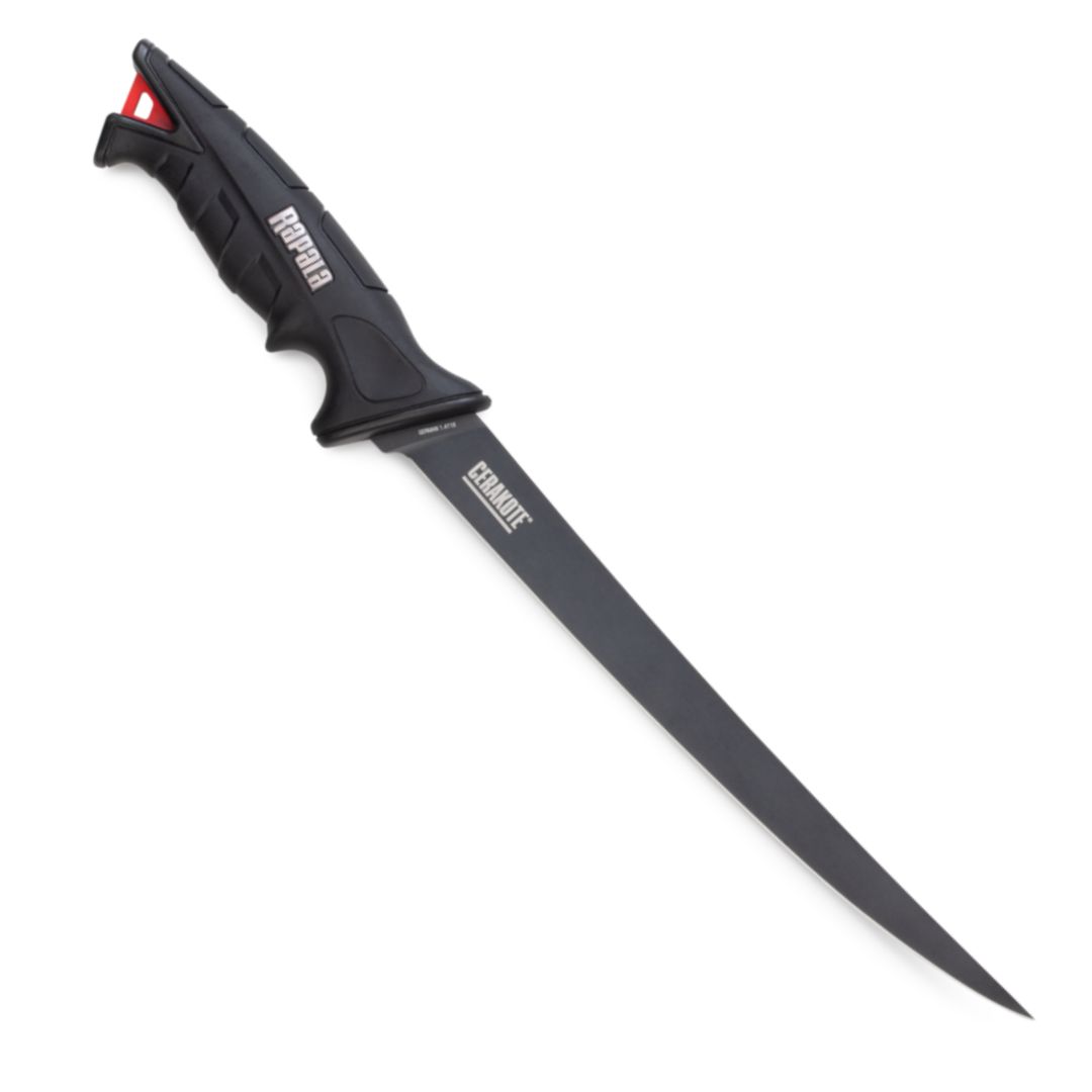 Couteau à filet noir avec une lame longue et étroite et un manche ergonomique noir, portant le nom de marque « PIRANHA » sur le manche et « CRONITE » sur la lame.
