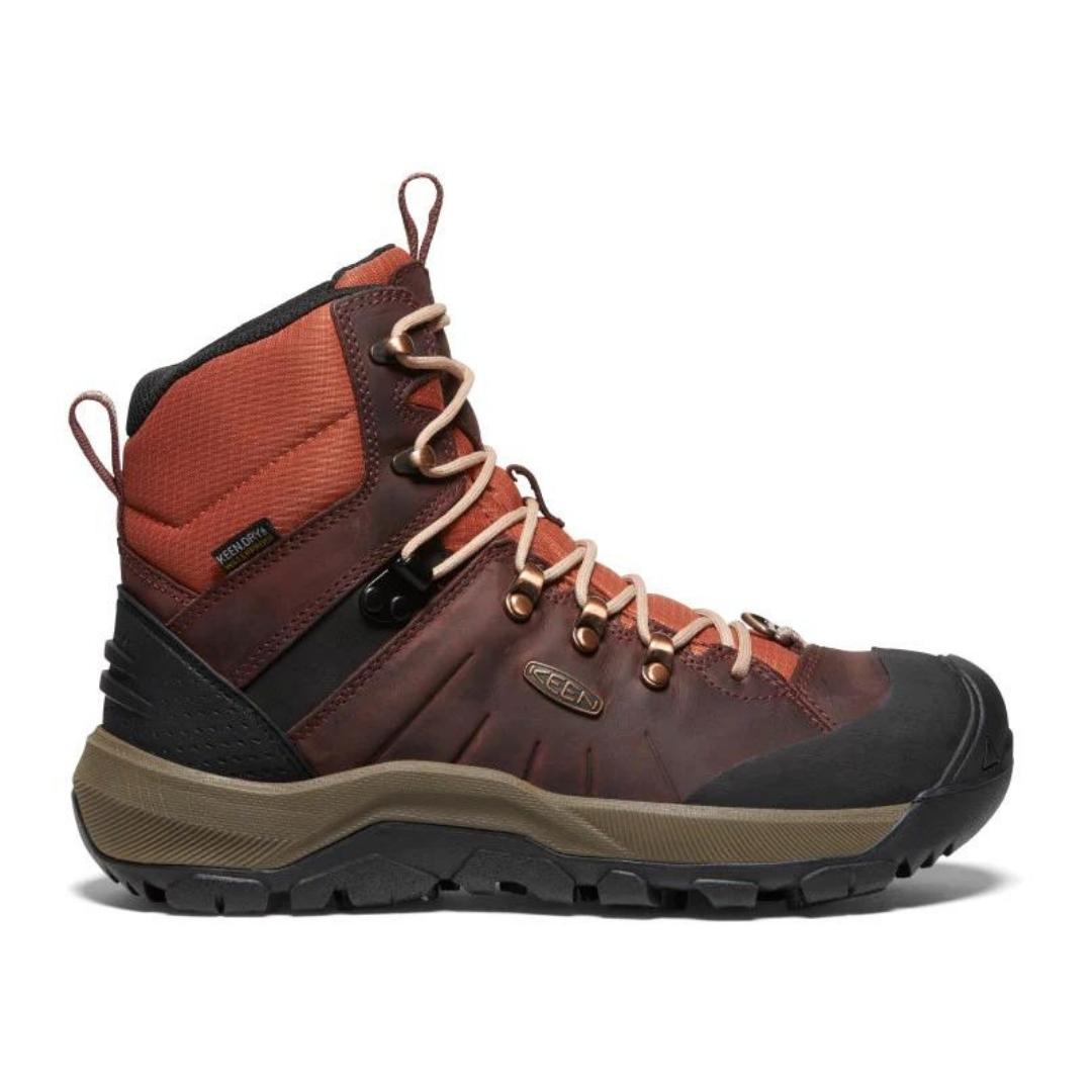 BOTTE D'HIVER KEEN REVEL IV MID POLAR POUR FEMME couleur ANDORRA/SAFARI vue de la botte rouge vin foncé, rouge clair pêche et kaki de profil droit
