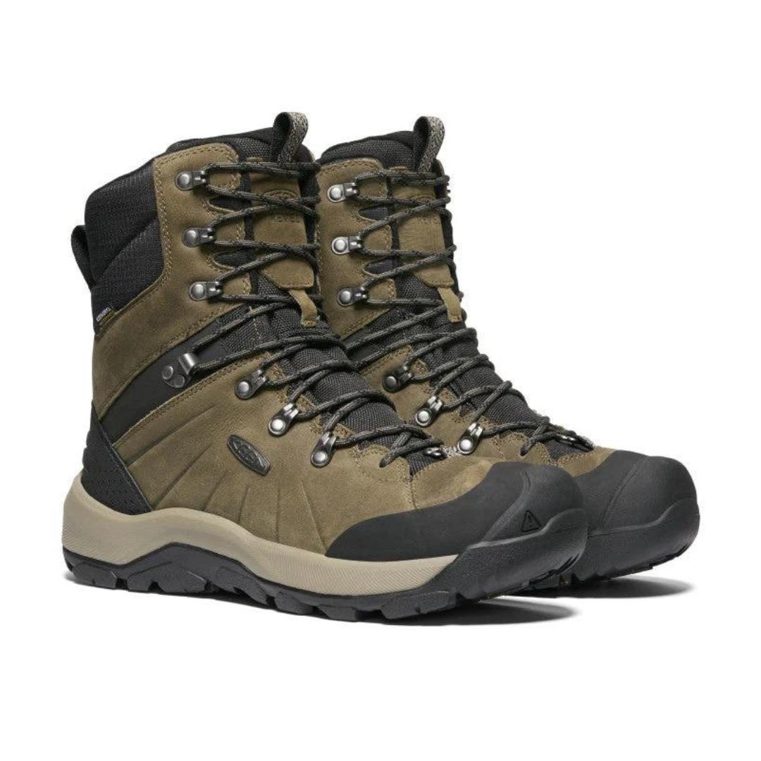 BOTTE D'HIVER KEEN REVEL IV HIGH POLAR POUR HOMME COULEUR CANTEEN/BLACK VU DE LA BOTTE VERTE OLIVE, NOIRE ET BEIGE DE PROFIL AVANT DROIT