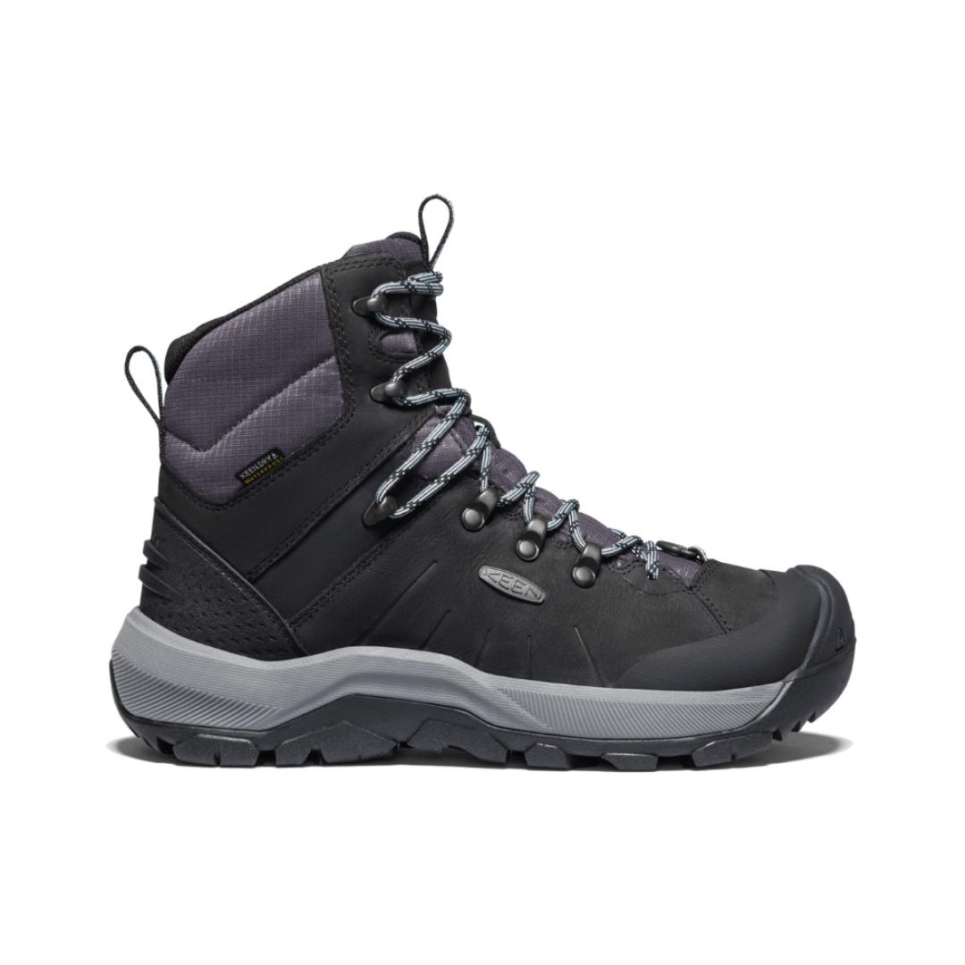 BOTTE D'HIVER KEEN REVEL IV MID POLAR POUR FEMME COULEUR BLACK/HARBOR GRAY VUE DE LA BOTTE NOIRE MAUVE ET GRISE DE PROFIL DROIT