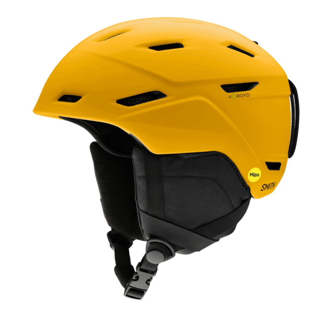 CASQUE DE SKI ALPIN SMITH MISSION MIPS POUR ADULTE couleur matte gold bar vu du casque jaune mat et noir de profil gauche