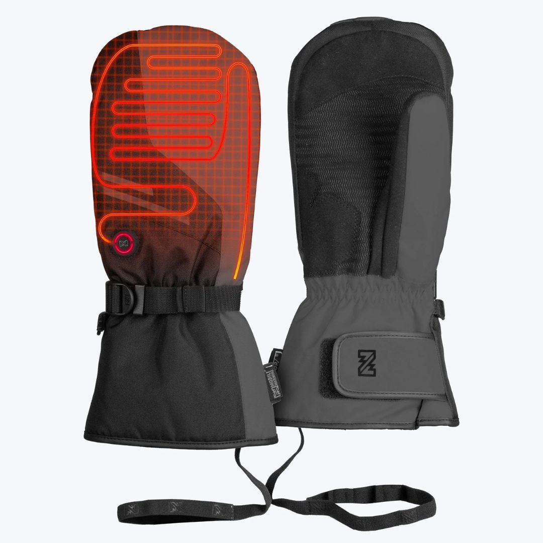 Les STORM V2 HEATED MITTEN UNISEX sont des moufles d'hiver noires, dont l'une présente un motif d'élément chauffant rouge-orange à l'extérieur, tandis que l'autre présente une paume avec une prise texturée et des sangles de poignet réglables.