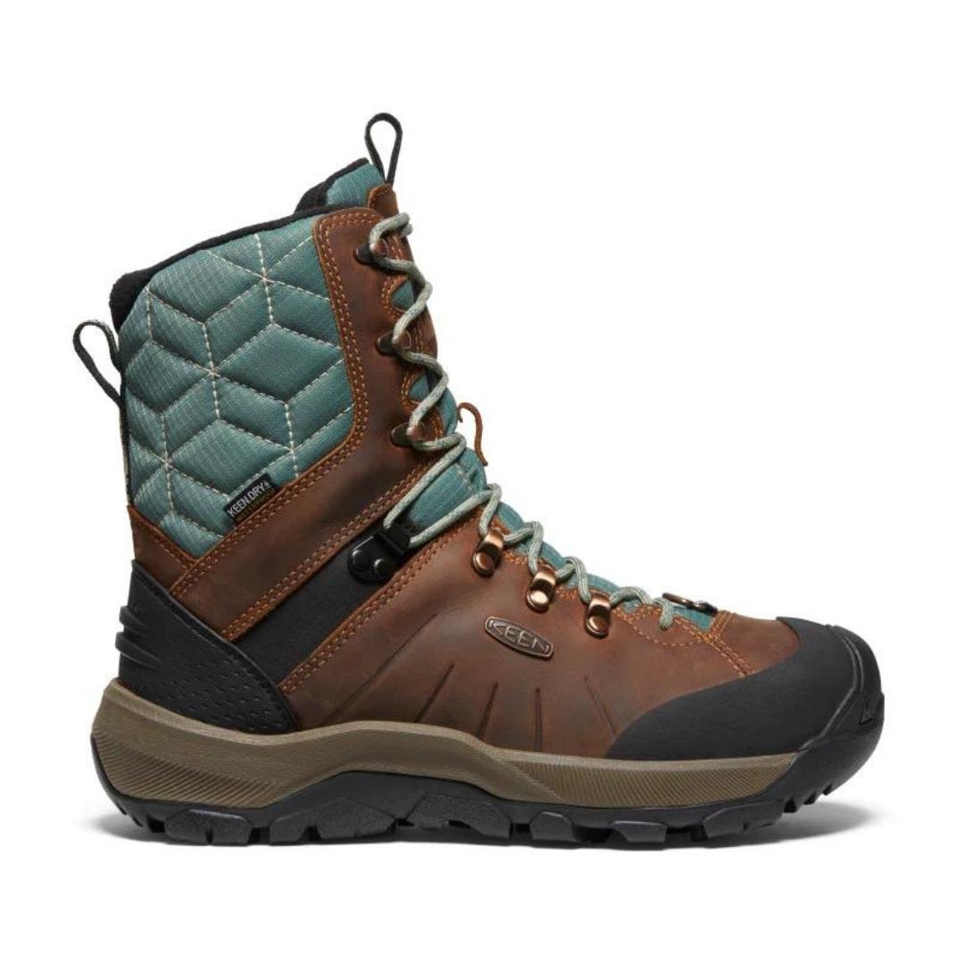 BOTTE D'HIVER KEEN REVEL IV HIGH POLAR POUR FEMME couleur KEEN MAPLE/DARK FOREST vue de la botte brune, verte aqua et noire de profil droit