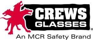 Logo de Crews Glasses : un chien rouge à trois têtes et un texte blanc en gras sur fond noir : « CREWS GLASSES ». En dessous, on peut lire « Une marque de sécurité MCR » en noir.