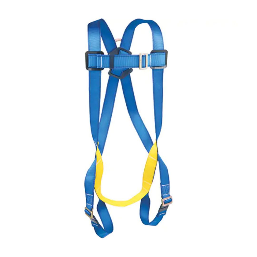 Un harnais de sécurité bleu et jaune avec des sangles réglables et des boucles métalliques, conçu pour la protection contre les chutes et un ajustement sûr.