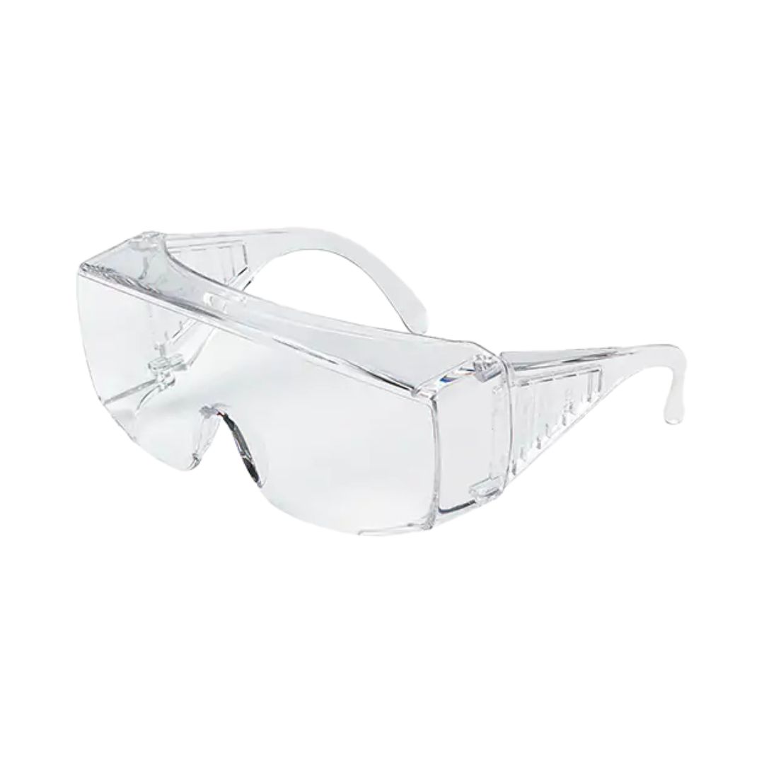Lunettes de sécurité en plastique transparent avec coques latérales, conçues pour protéger les yeux. Elles sont enveloppantes et dotées de verres et d'une monture transparents.