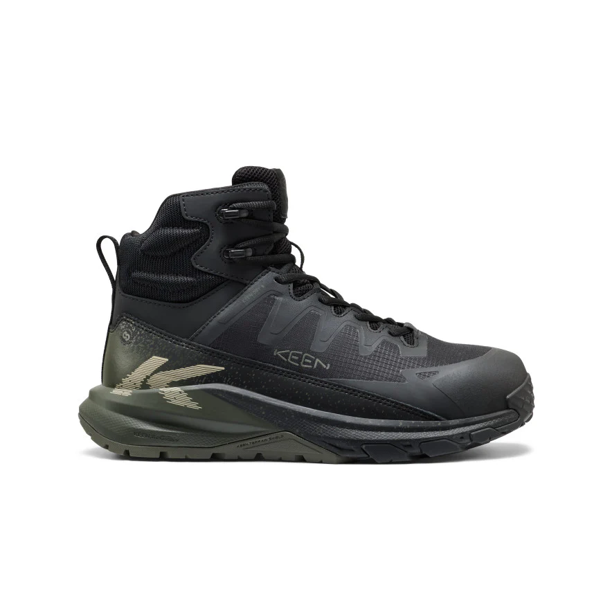 La botte de travail KEEN Utility Targhee Blur Mid CSA Waterproof pour hommes présente un design noir et olive foncé, une semelle robuste, un bout renforcé, des lacets noirs, la marque "KEEN" sur le côté et la languette, et un détail de talon en zigzag.