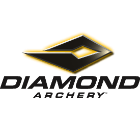 Le logo de Diamond Archery se compose d'un emblème en forme de diamant angulaire noir et jaune au-dessus des mots "DIAMOND ARCHERY" en lettres majuscules noires et grasses.