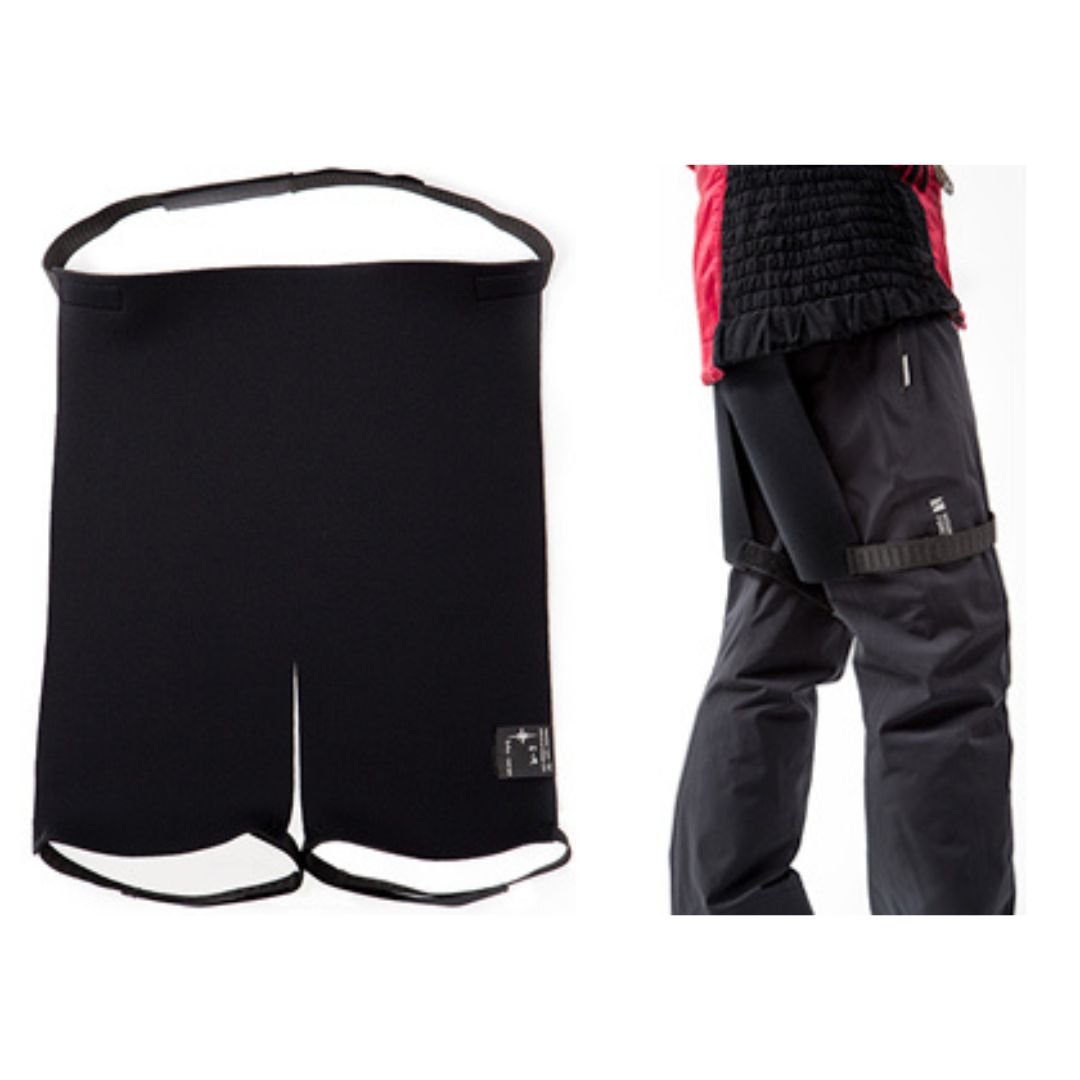 JUPE-PAR-NEIGE NÉOPRÈNE MEDIUM/LARGE Les cuissards et jambières à bretelles sont représentés à plat à gauche et portés par-dessus un pantalon par une personne en tenue d'extérieur à droite.