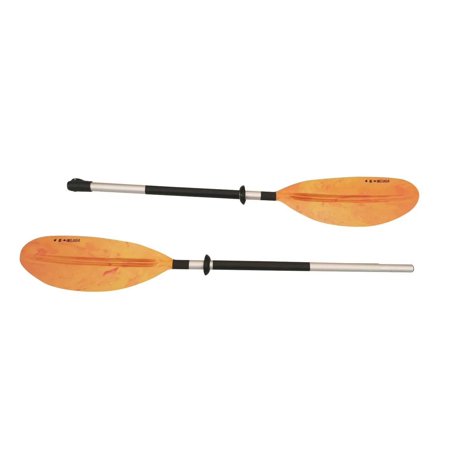 Le modèle PADDLE DISTANCE PA 2 PCES ADJ comprend deux pagaies de kayak orange dotées de manches noirs et argentés, chacune composée de deux parties, avec une pale orange à l'une des extrémités.