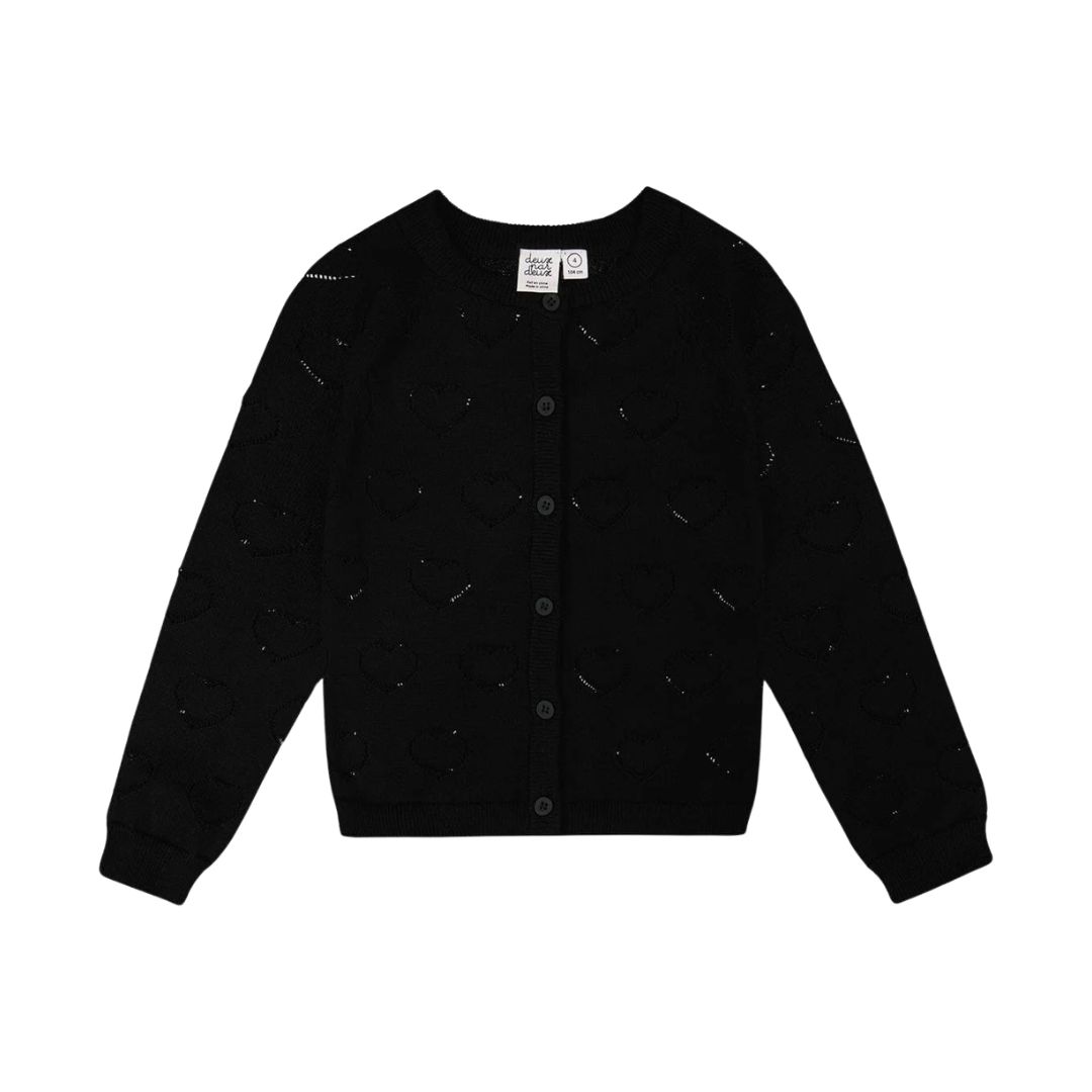 Le cardigan POINTELLE KNIT CARDIGAN est un modèle noir à boutons, à encolure ronde et à manches longues, orné d'un subtil motif en forme de cœur tricoté dans le tissu.
